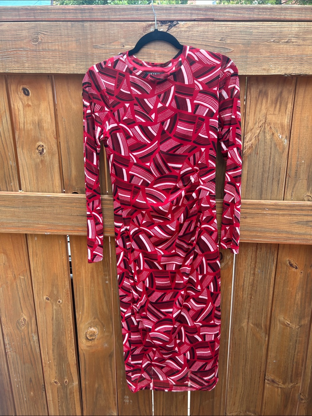 Kasper Red Multitone Geometric Long Sleeve Midi Dress